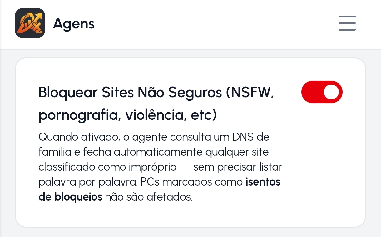 Configuração de bloqueio de conteúdo adulto (NSFW) no painel Agens