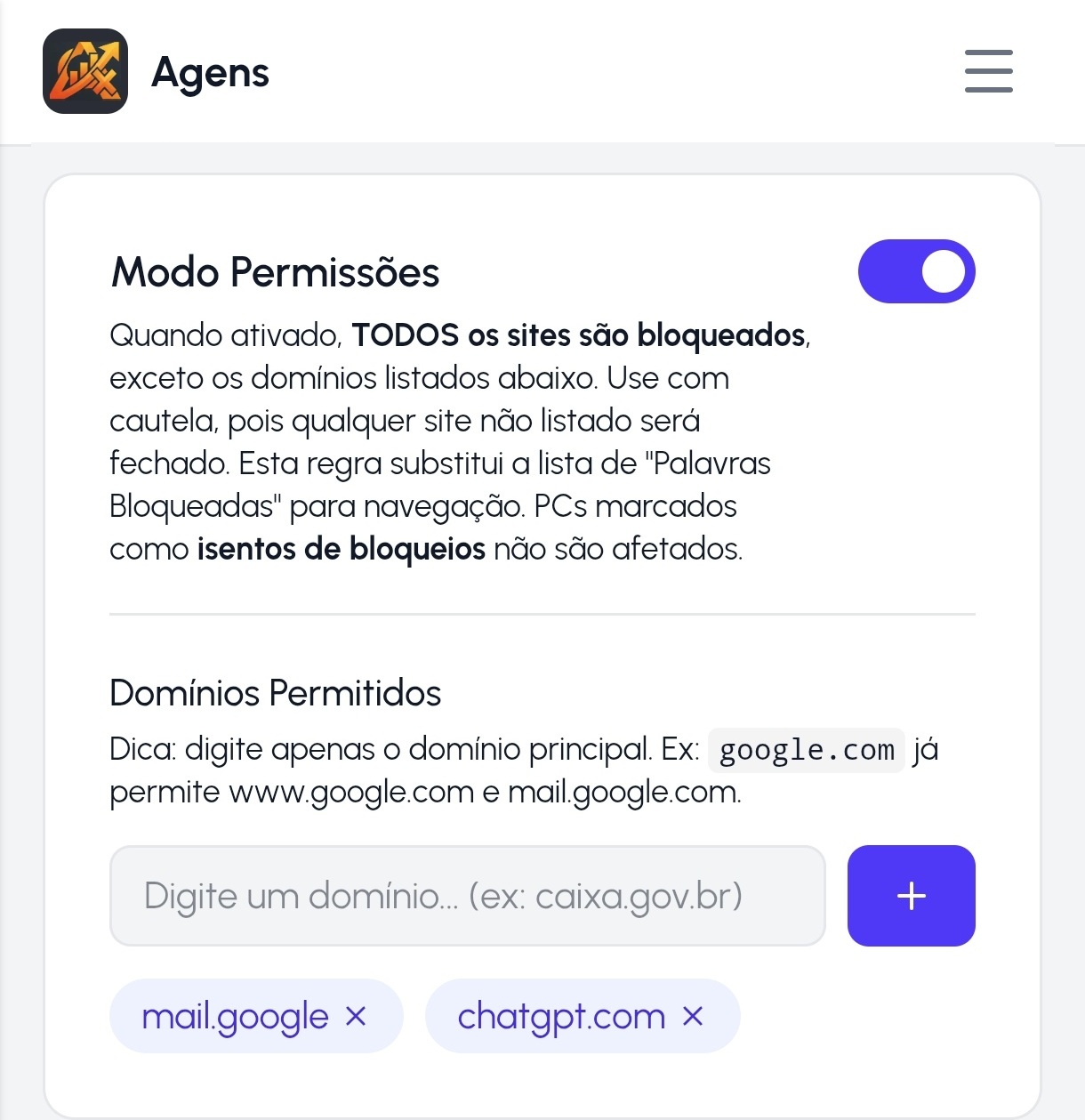 Modo Permissões no painel Agens, com a lista de domínios liberados