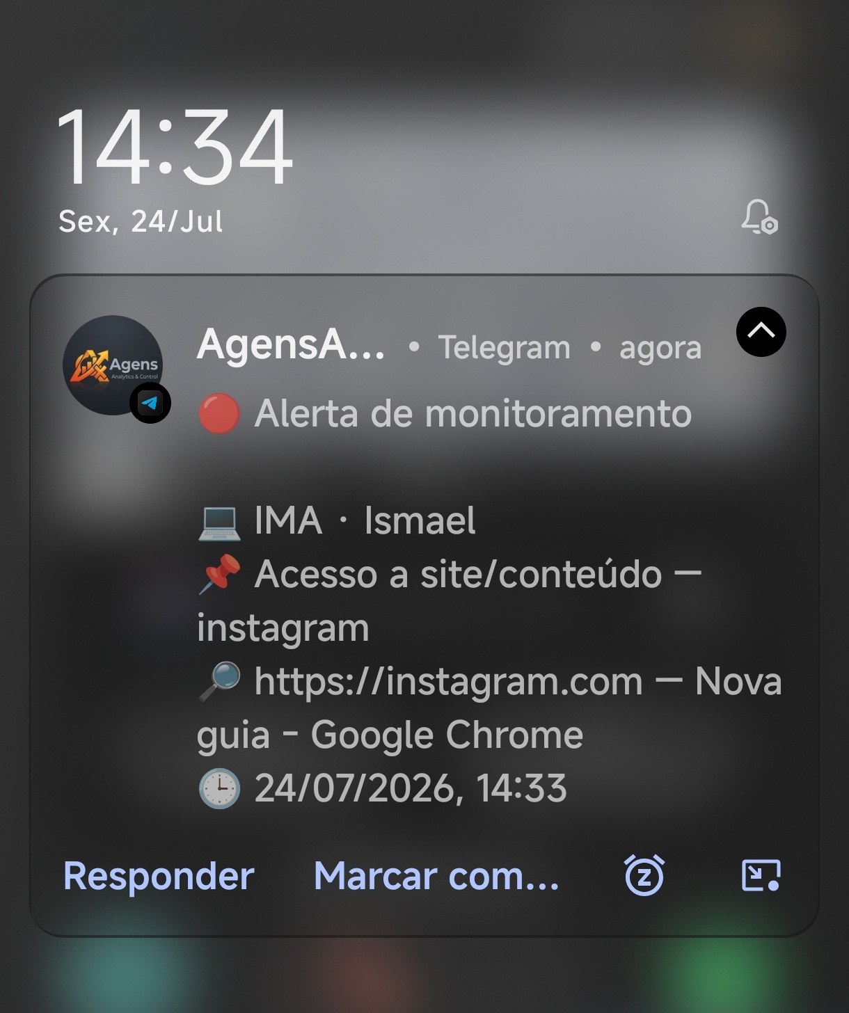 Alerta do Agens recebido no Telegram do celular avisando um acesso bloqueado