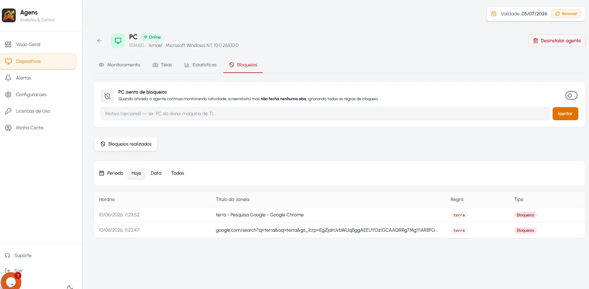 Bloqueio de sites e aplicativos